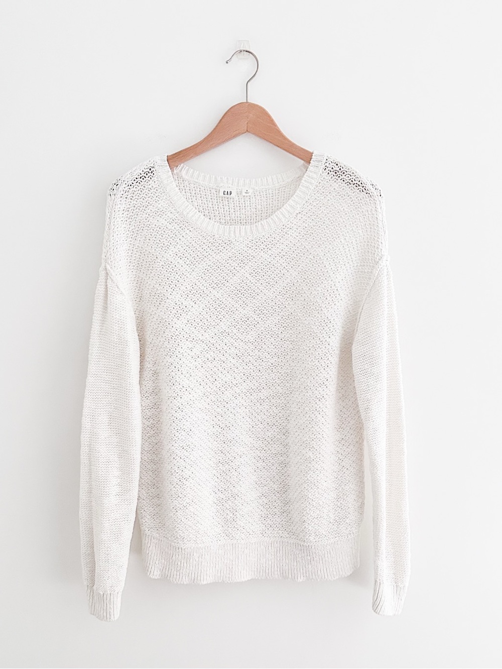 Gap White Open Knit Cotton Sweater Crew Neck Pullover Pointelle Stitch Size S